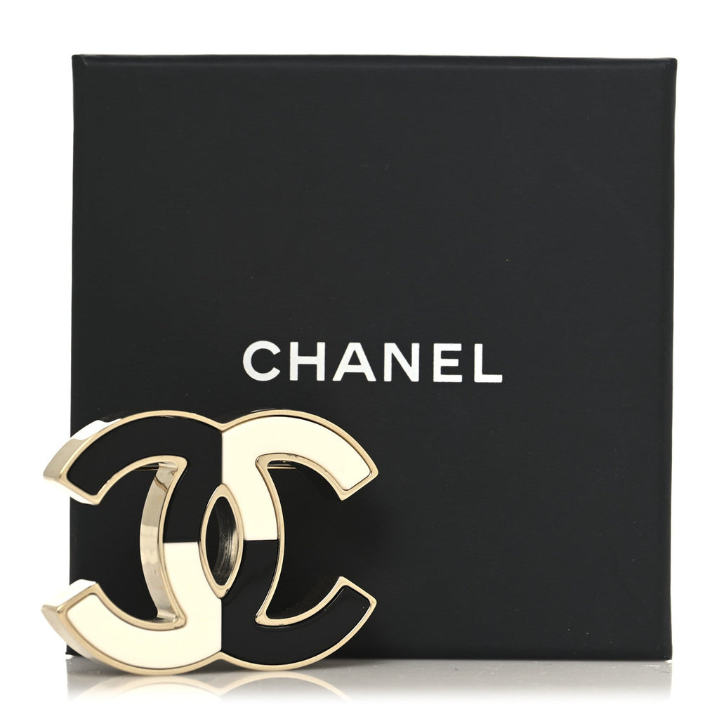 Enamel CC Brooch Black White Gold