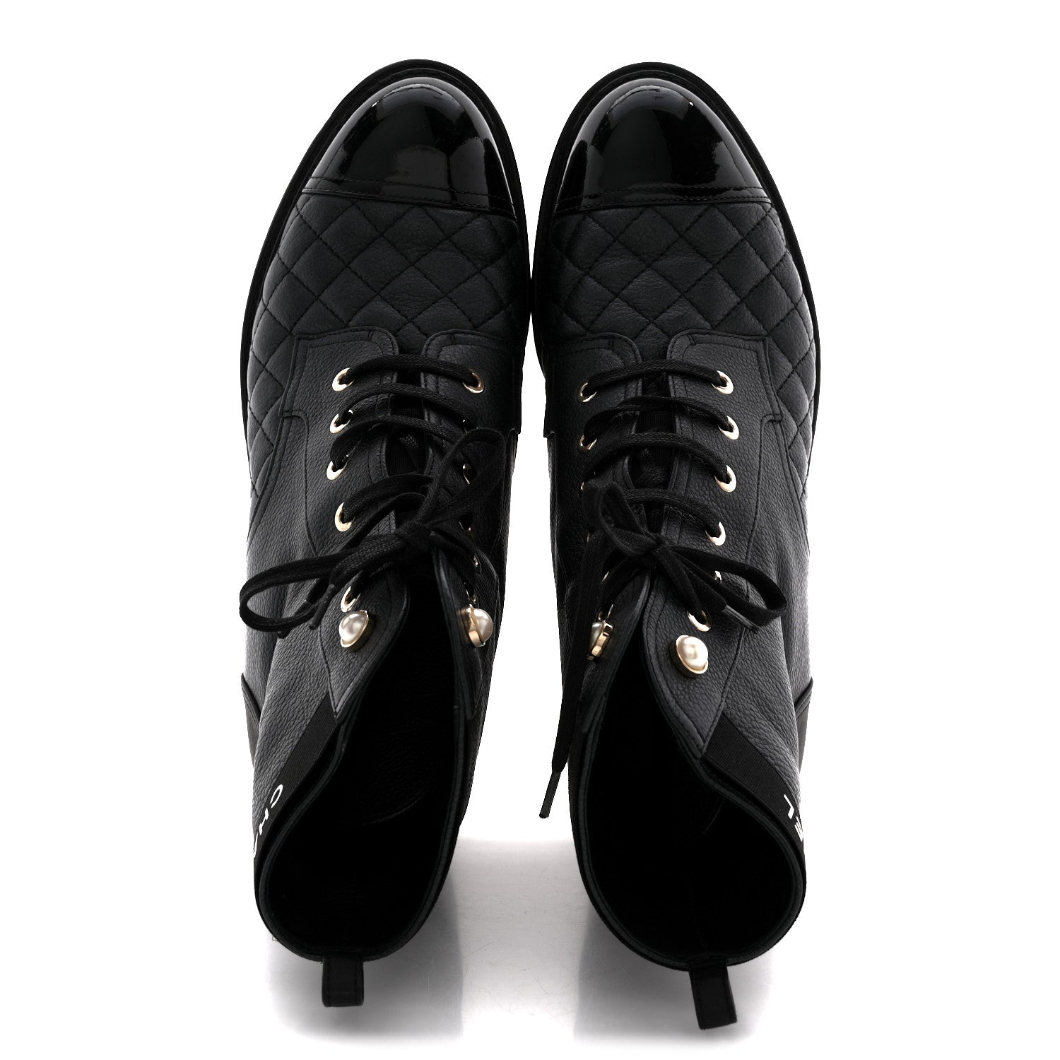 Pearly Calfskin Patent Calfskin Lace Up Combat Boots 40 Black