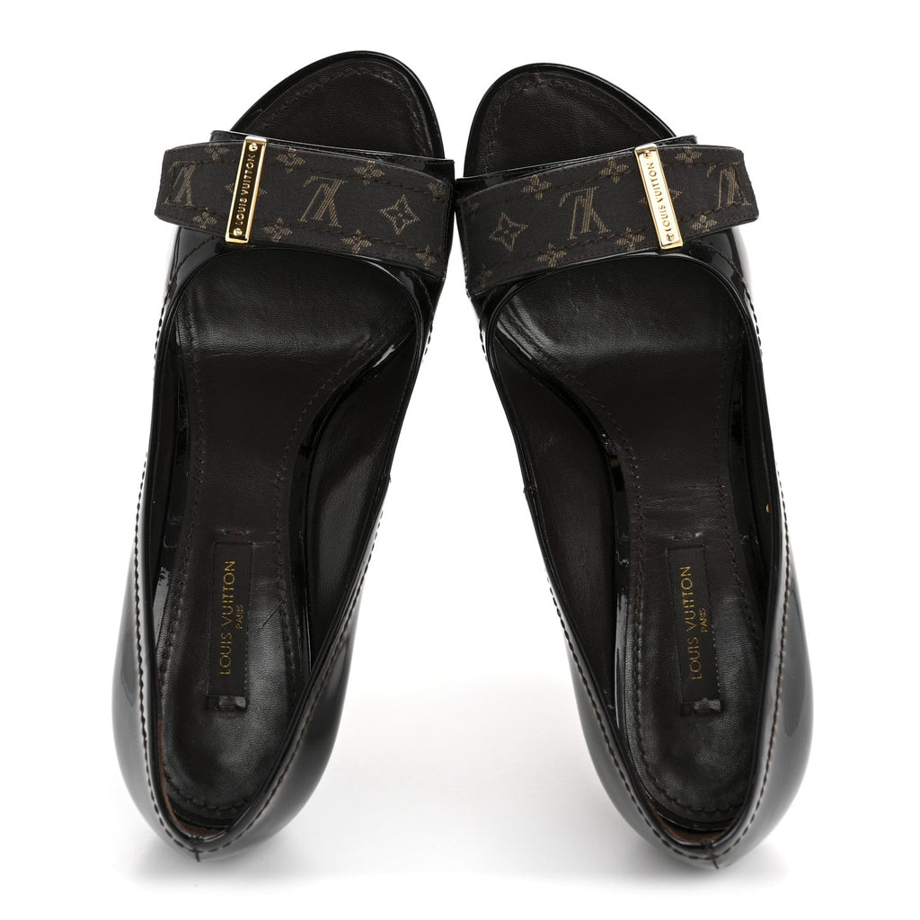 Louis Vuitton Monogram Patent Idylle Buci Open Toe Pumps 36.5 Black Brown