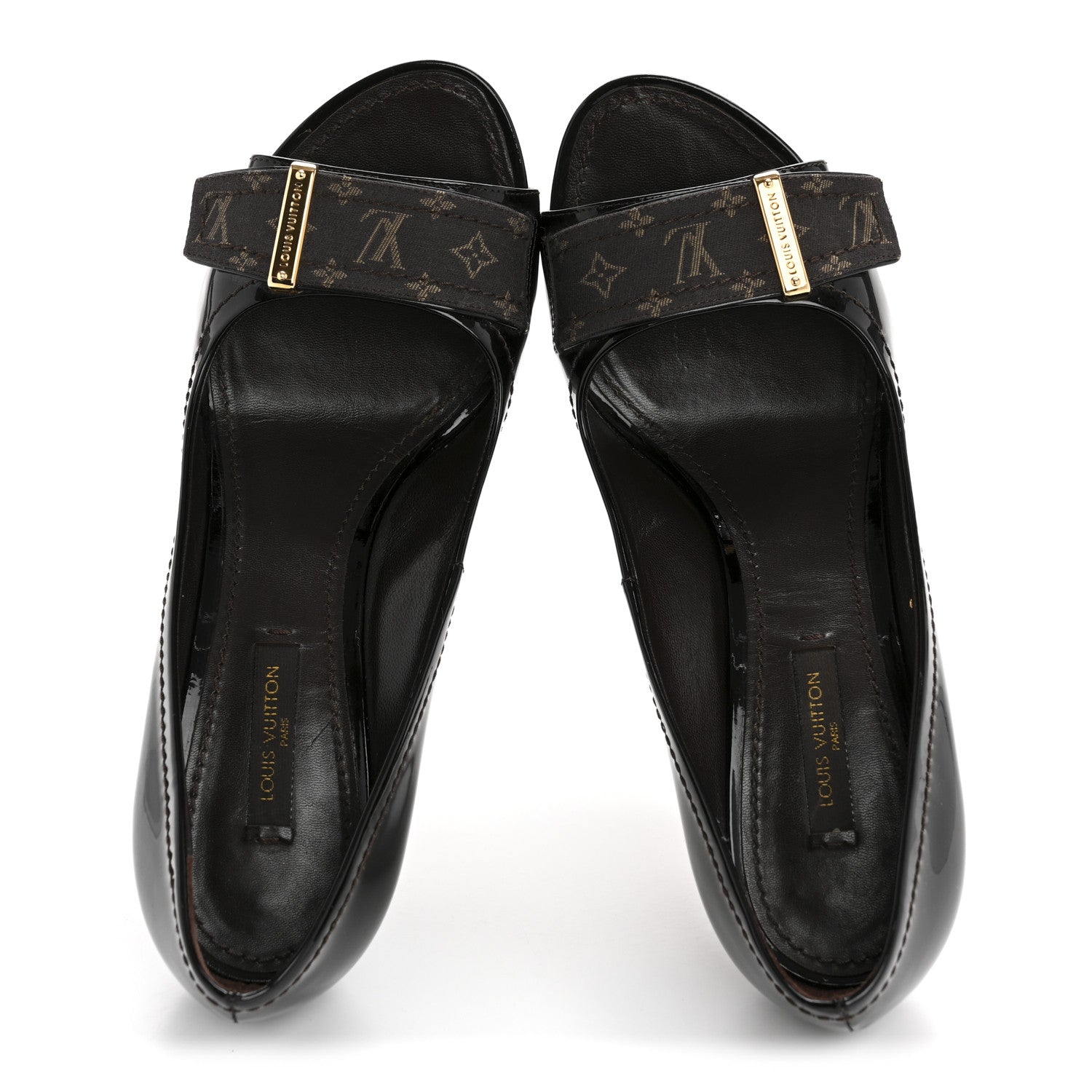 Louis Vuitton Monogram Patent Idylle Buci Open Toe Pumps 36.5 Black Brown