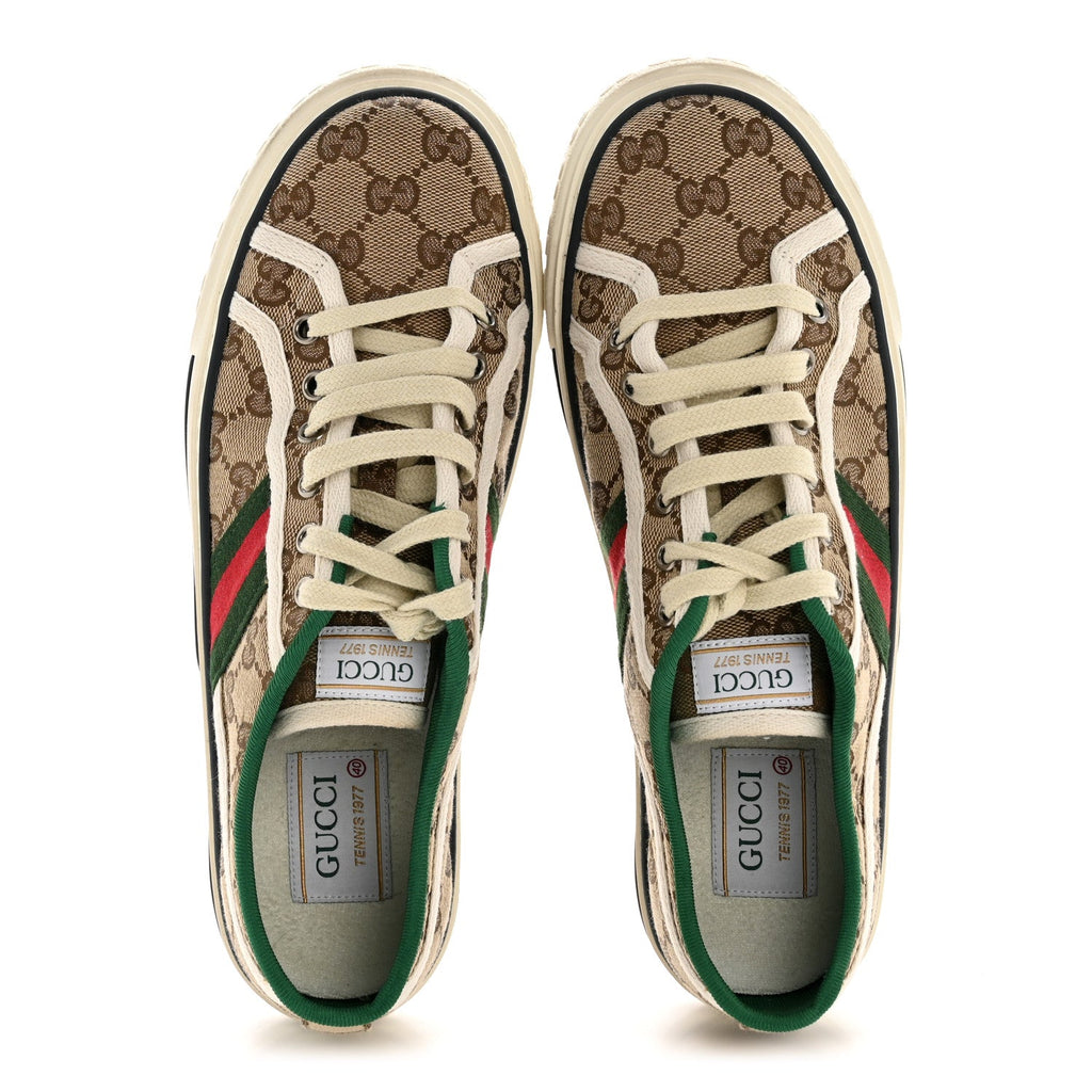 Gucci GG Monogram Web Womens 1977 Tennis Sneakers 40 Beige Ebony Mystic White