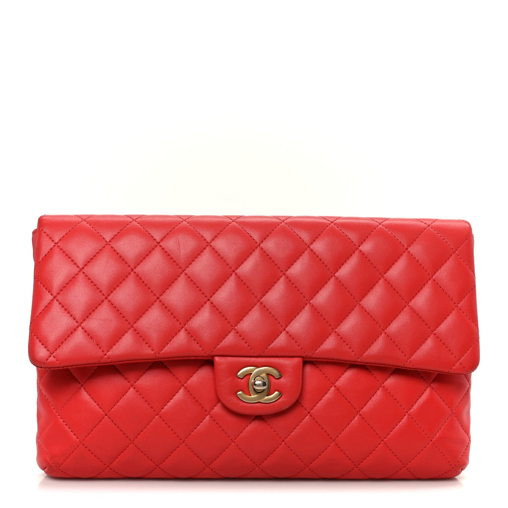 Chanel Lambskin Quilted Flap Clutch Red