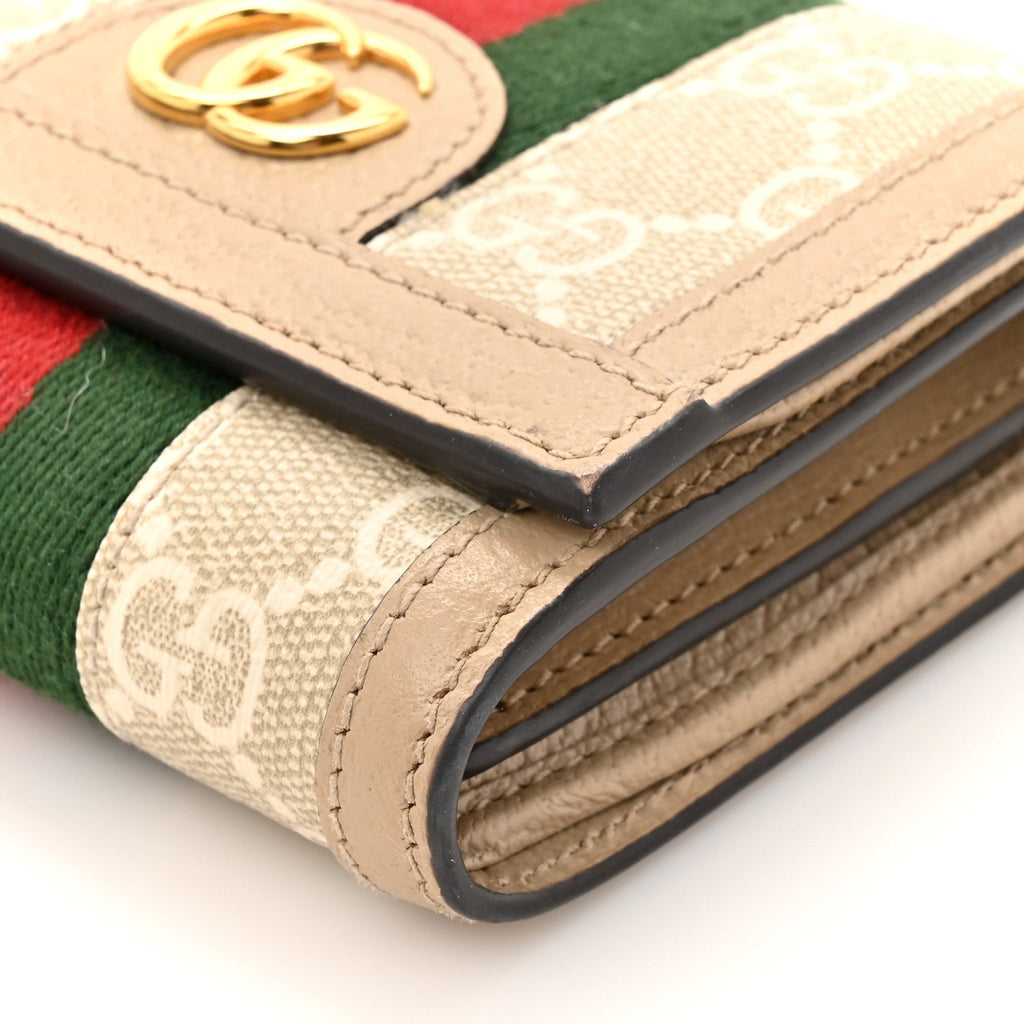 Gucci GG Supreme Monogram Textured Dollar Calfskin Web Ophidia Card Case Wallet Beige Mystic White Oatmeal