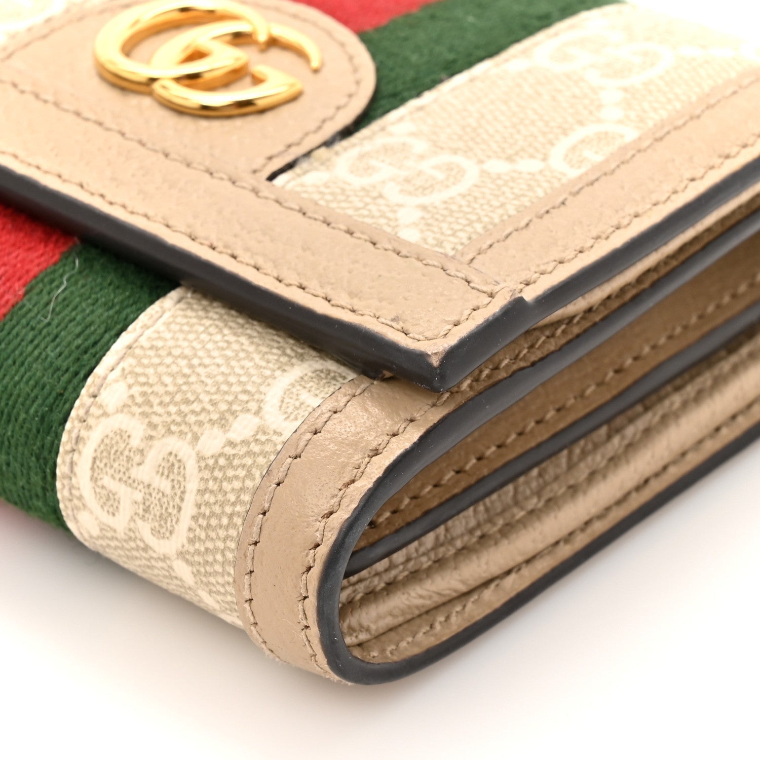 Gucci GG Supreme Monogram Textured Dollar Calfskin Web Ophidia Card Case Wallet Beige Mystic White Oatmeal