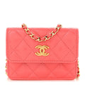 Chanel Shiny Lambskin Quilted Card Holder On Chain Pink