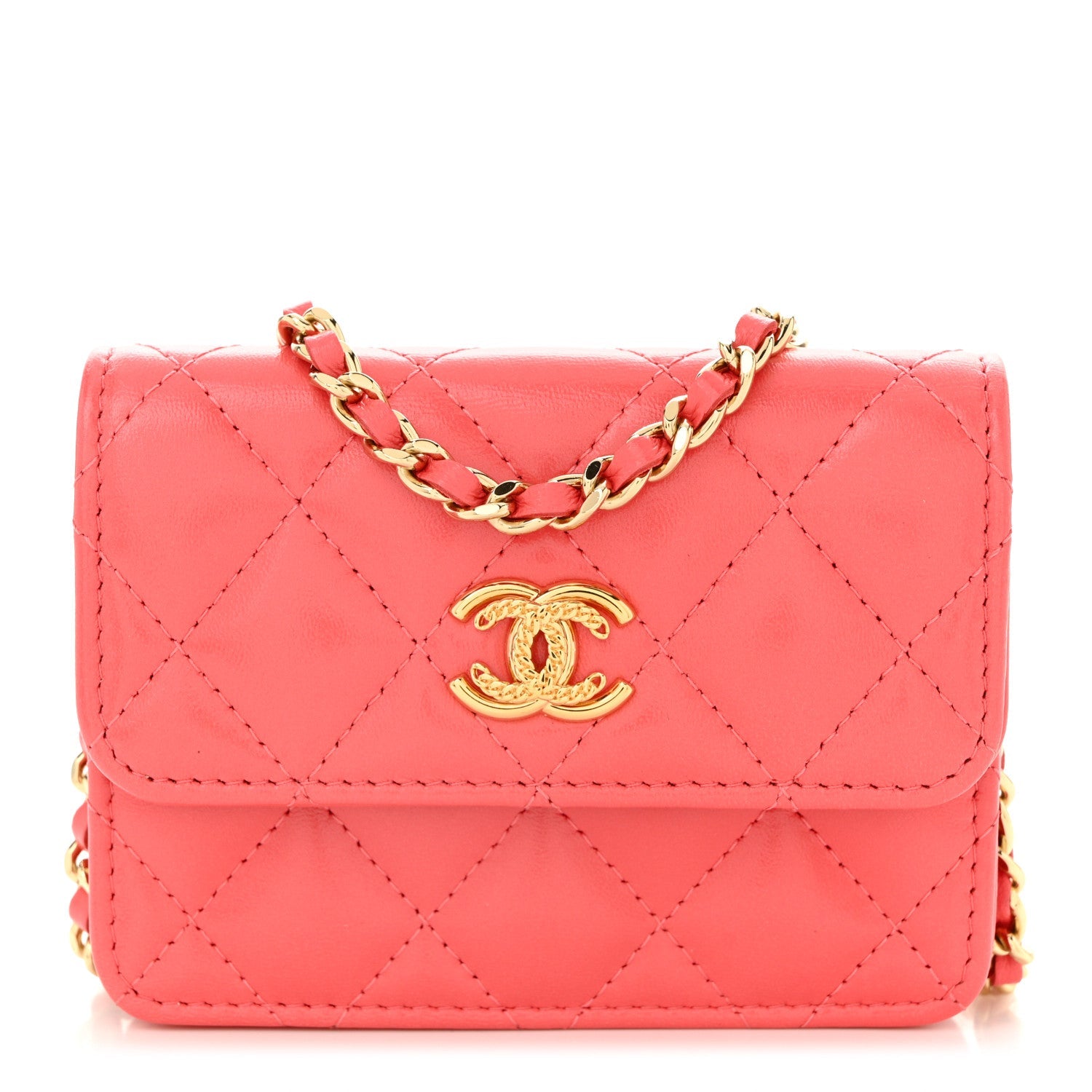 Chanel Shiny Lambskin Quilted Card Holder On Chain Pink