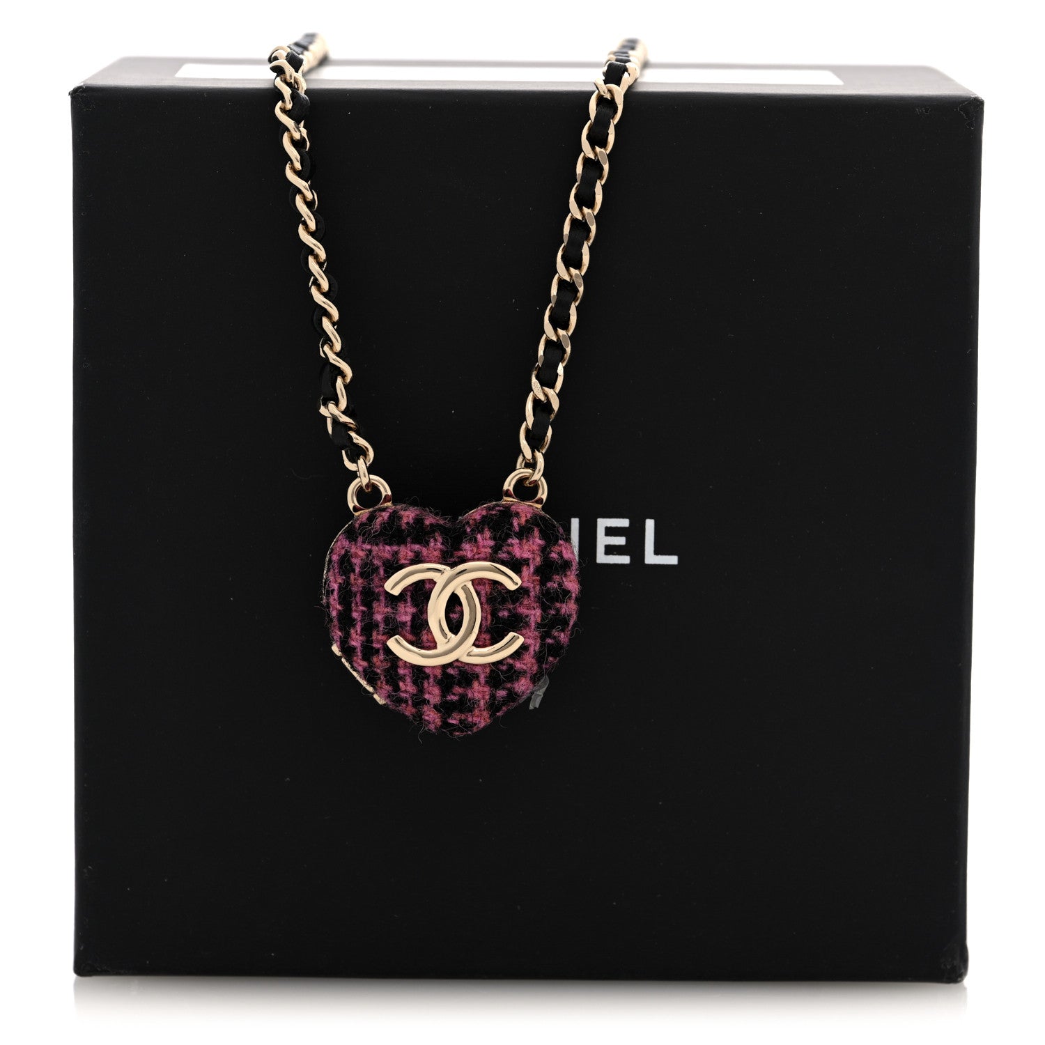 Lambskin Tweed CC Locket Pendant Necklace Black Pink Gold