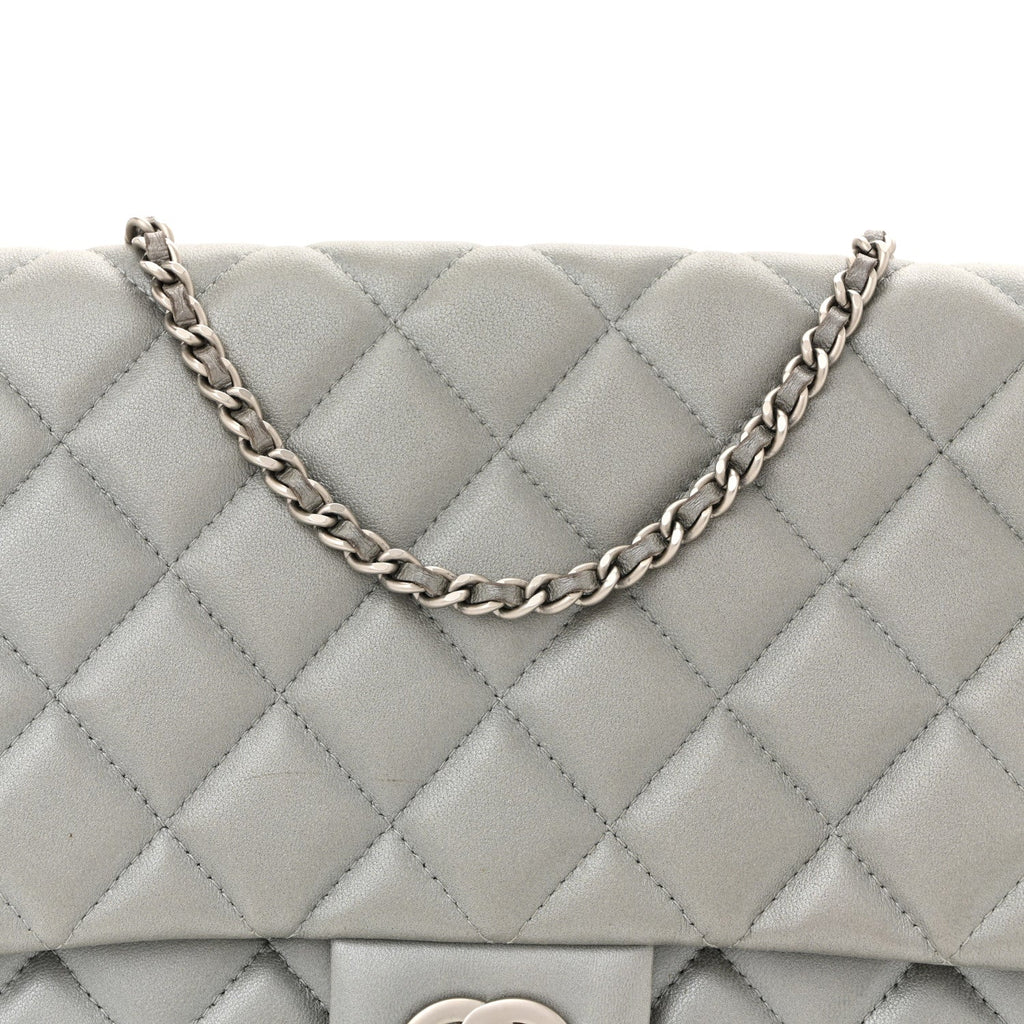 Chanel Metallic Lambskin Quilted Clutch With Chain Flap Silver
