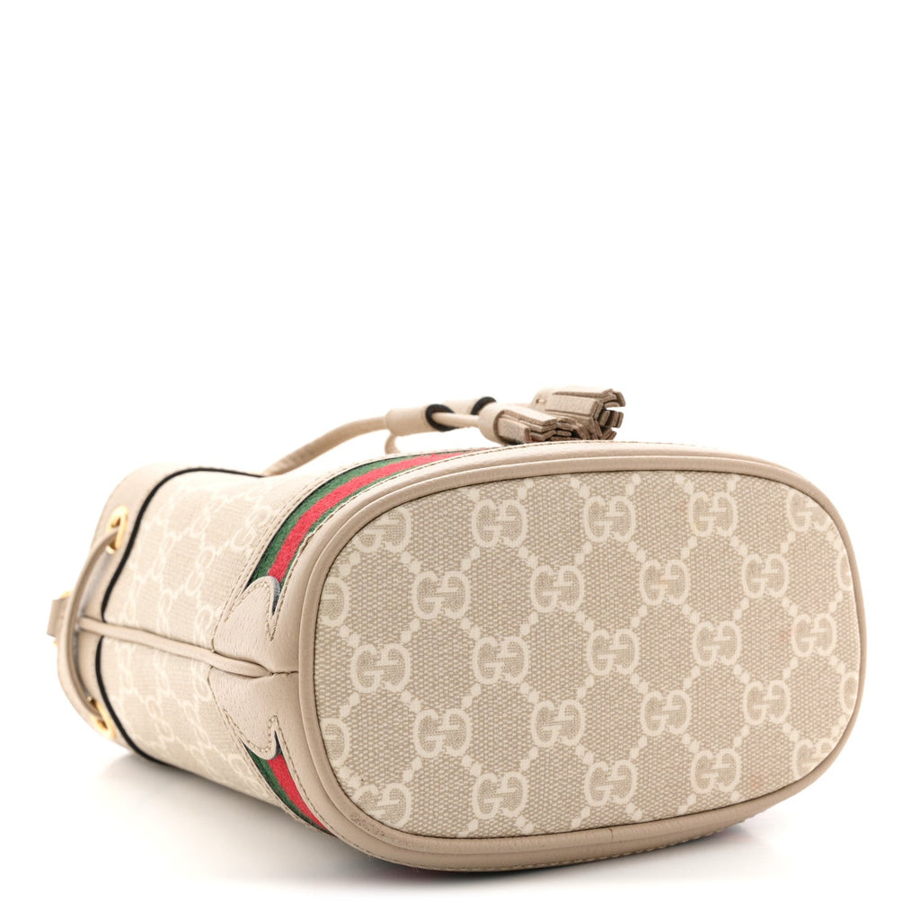 Gucci GG Supreme Monogram Textured Calfskin Web Mini Ophidia Bucket Bag Beige Ebony Mystic White Oatmeal