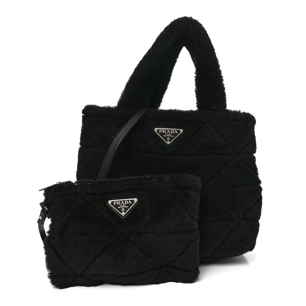 Prada Shearling Nappa Triangle Quilted Patchwork System Tote Black