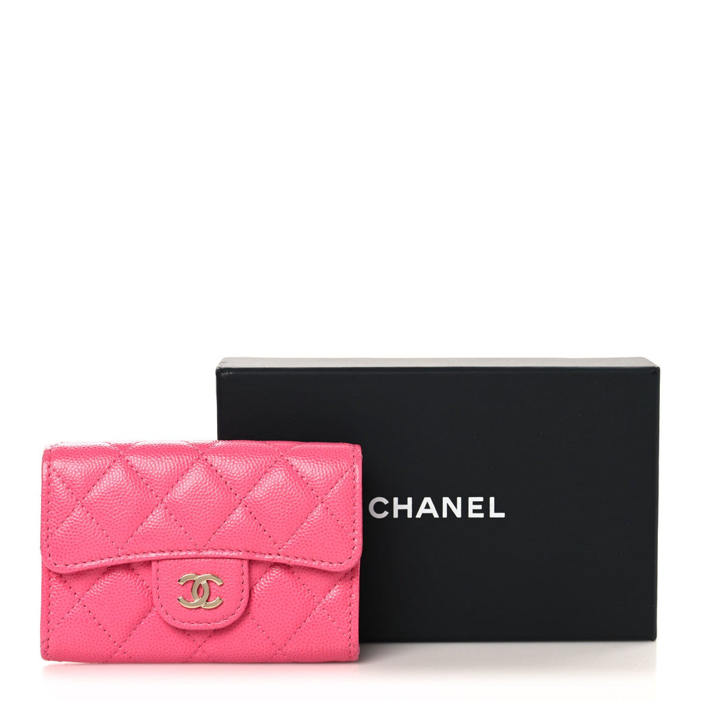 Caviar Quilted Flap Card Holder Wallet Pink