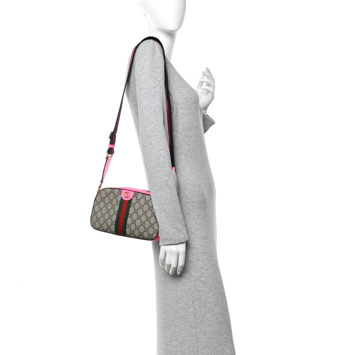 Gucci GG Supreme Monogram Textured Dollar Calfskin Web Ophidia Small Crossbody Bag Beige Ebony Fuchsia