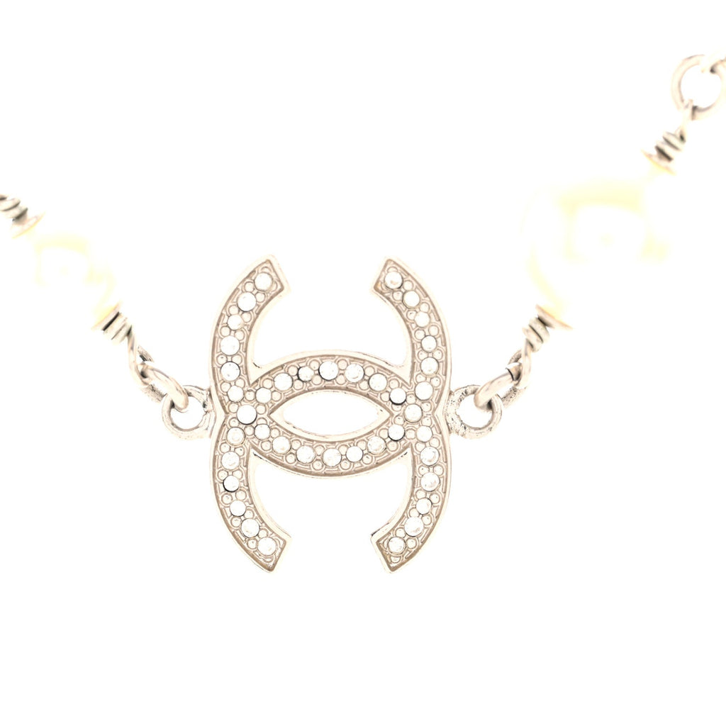 Graduated Pearl Crystal CC Long Necklace Silver