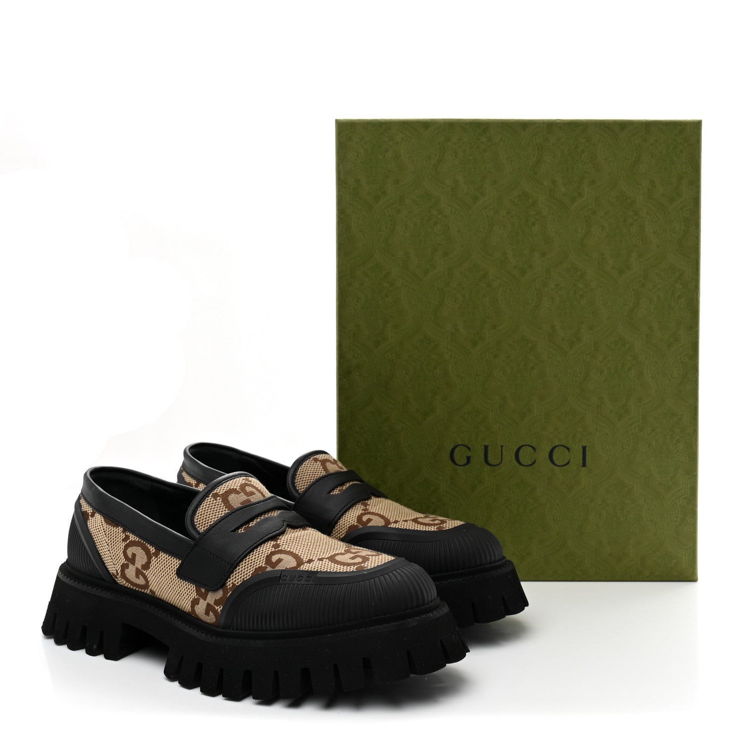 Gucci Monogram Jumbo GG Miro Soft Calfskin Mens Lug Sole Loafers 8.5 Camel Ebony Black