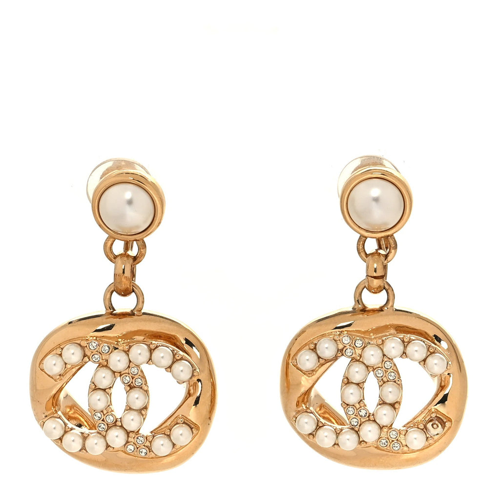 Crystal Pearl CC Drop Clip On Earrings Gold