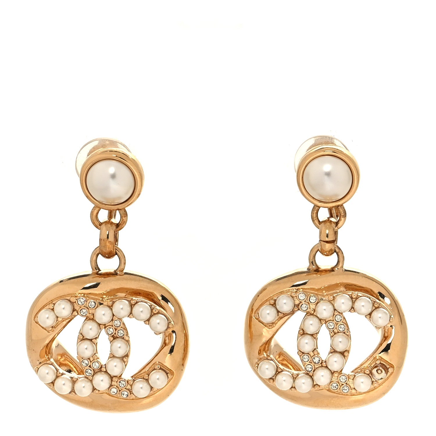 Crystal Pearl CC Drop Clip On Earrings Gold