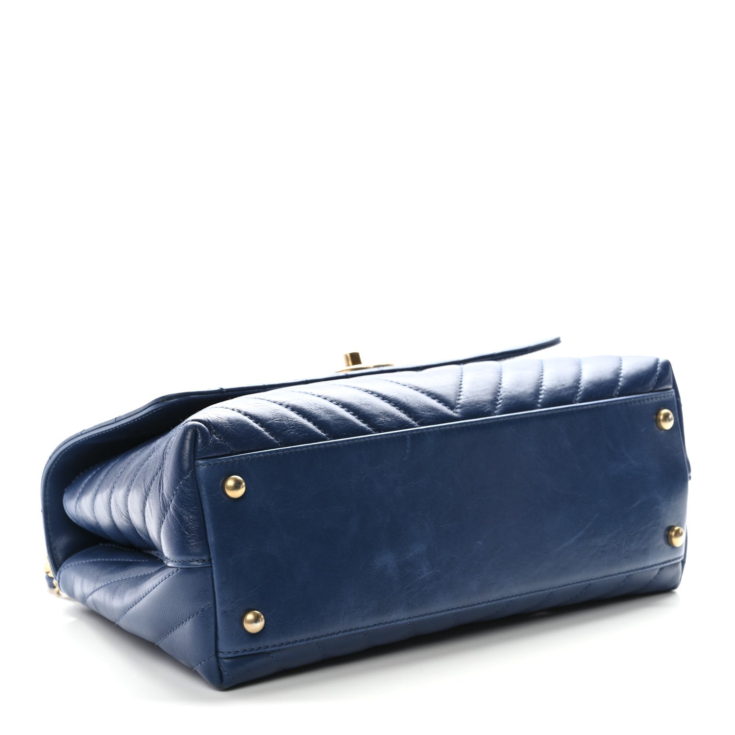 Chanel Aged Calfskin Chevron Quilted Small Coco Handle Flap Blue