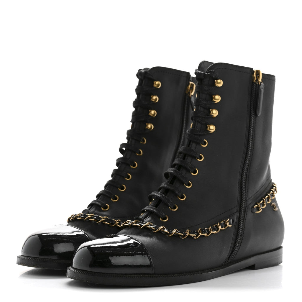 Calfskin Chain Lace Up Boots 36.5 Black