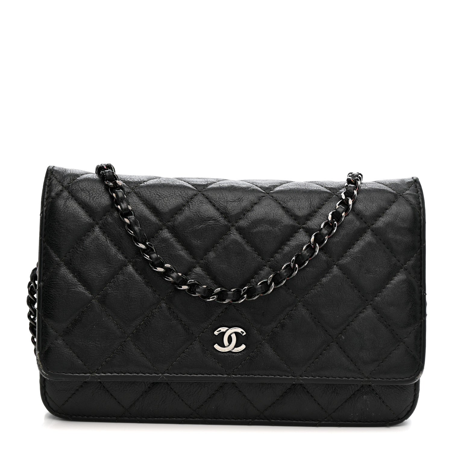 Chanel Crumpled Calfskin Quilted Wallet On Chain WOC So Black