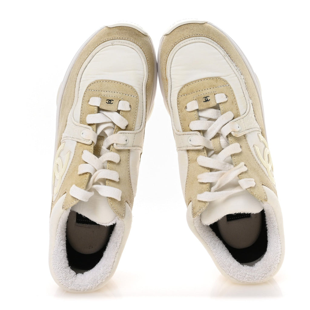 Chanel Suede Calfskin Fabric CC Sneakers 37.5 White
