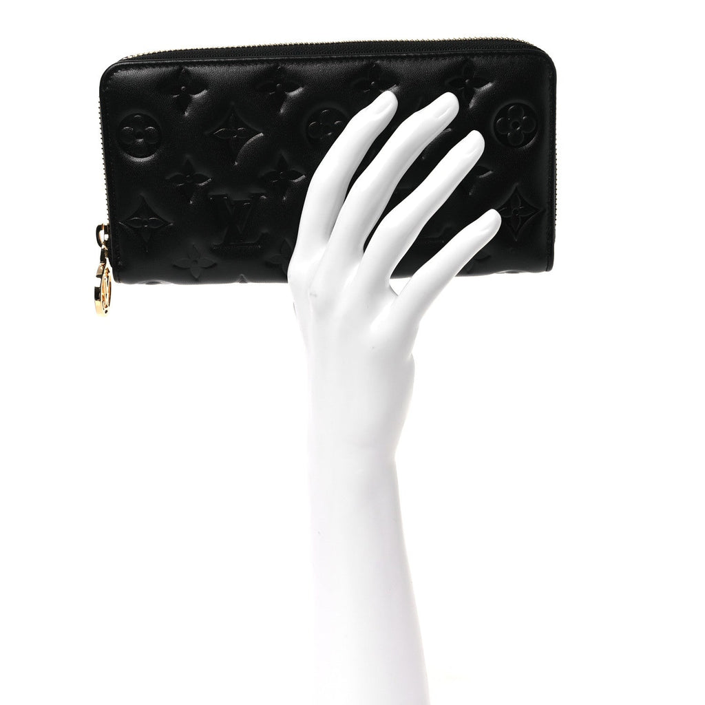 Louis Vuitton Lambskin Embossed Monogram Coussin Zippy Wallet Black