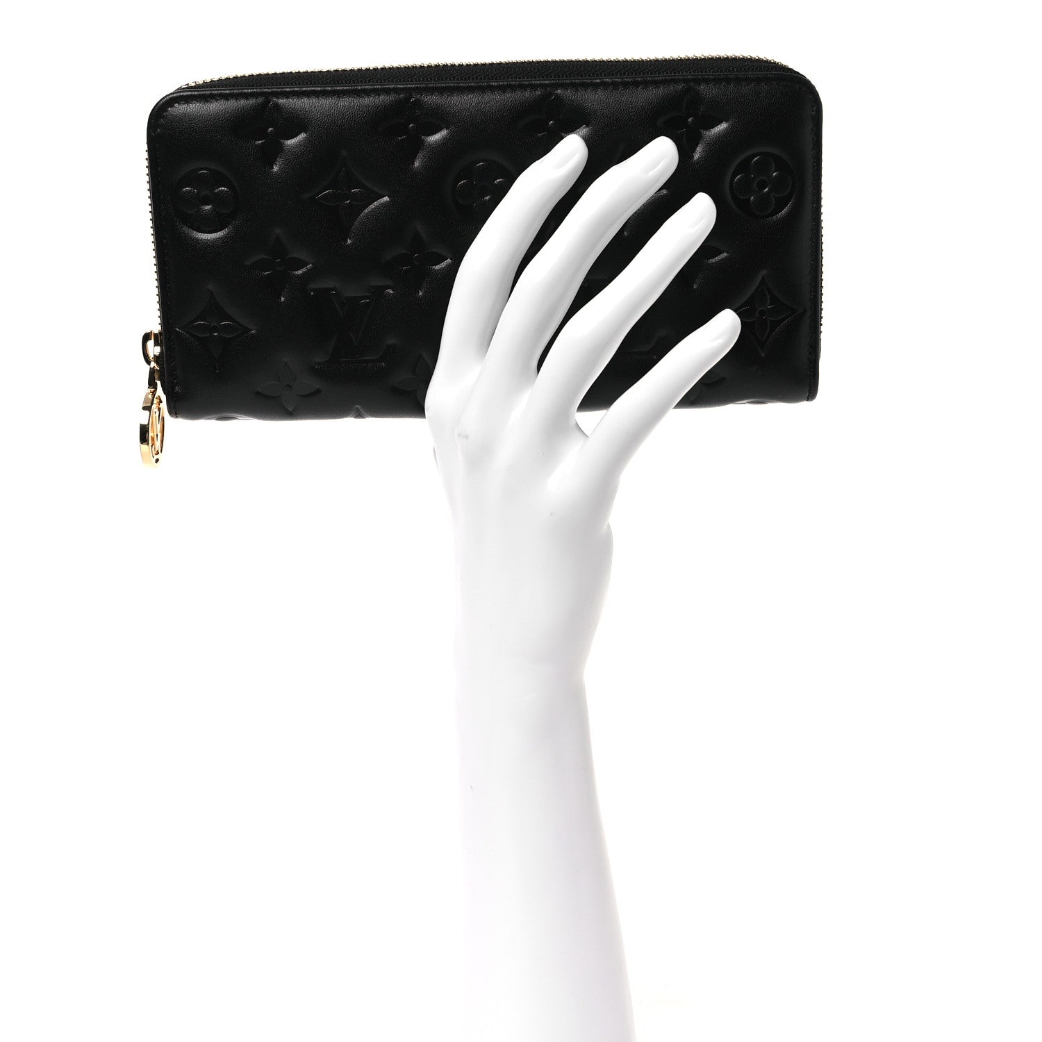 Louis Vuitton Lambskin Embossed Monogram Coussin Zippy Wallet Black