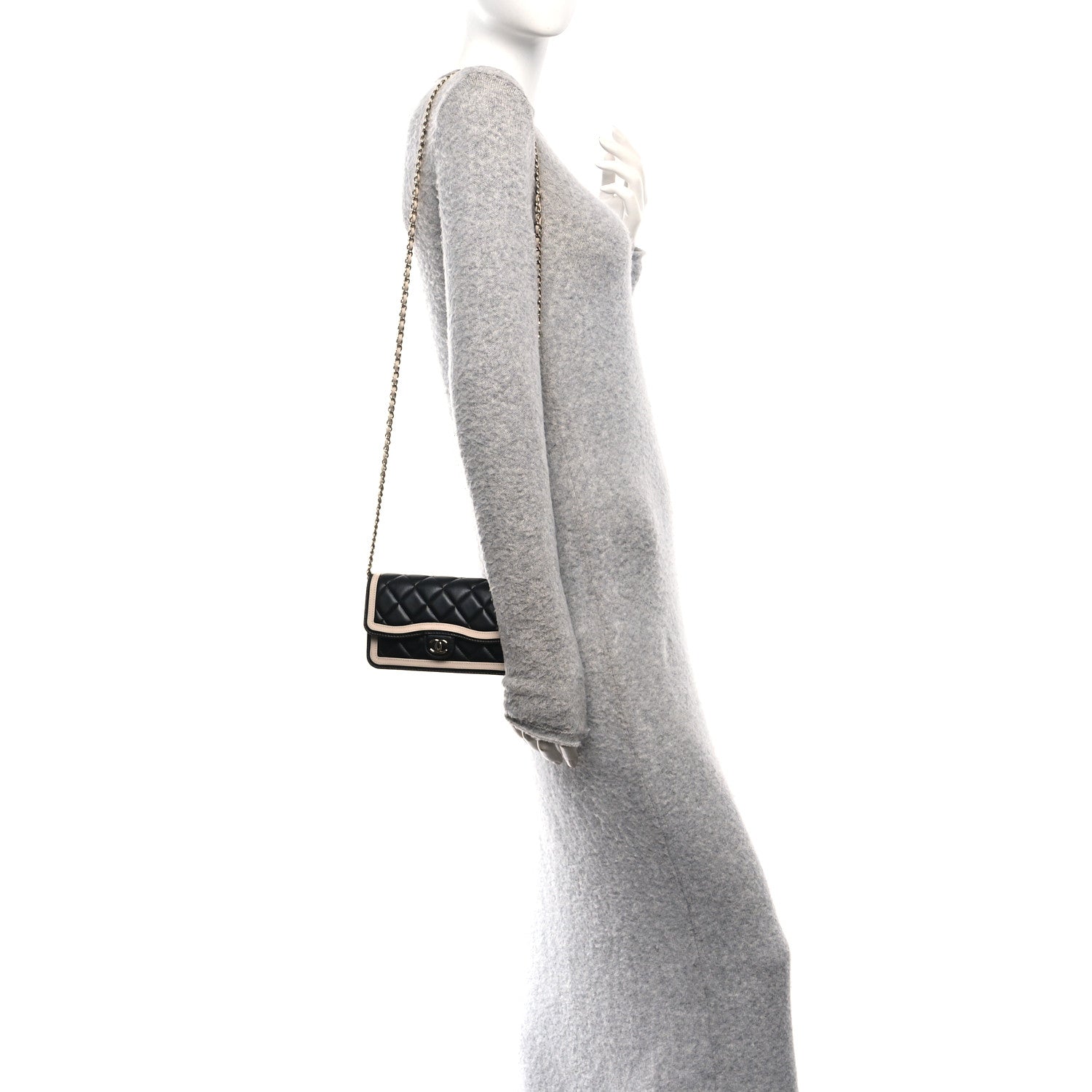 Chanel Lambskin Quilted Phone Holder Wallet With Chain Black Beige