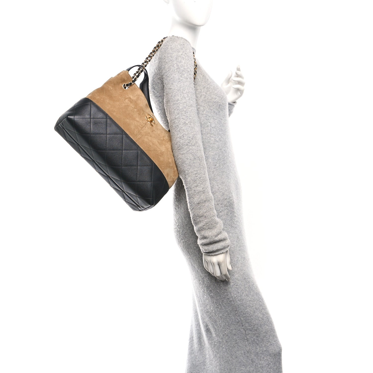 Chanel Suede Calfskin Shiny Lambskin Quilted Small Coco Base Shopping Bag Beige Black