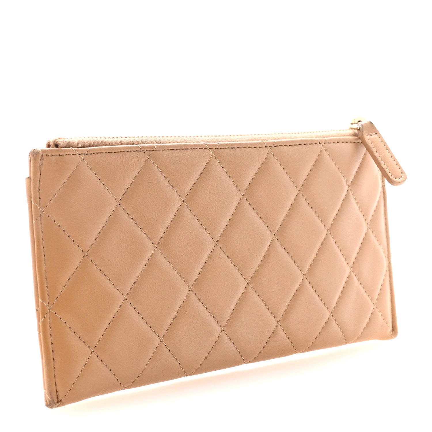 Lambskin Quilted Classic Zip Boy Pouch Beige