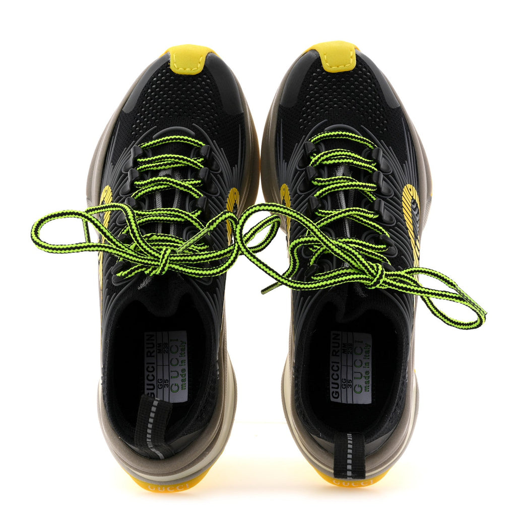 Gucci Technical Knit Fabric Waves Womens Gucci Run Sneakers 35 Black Silver Giallo Neon Yellow