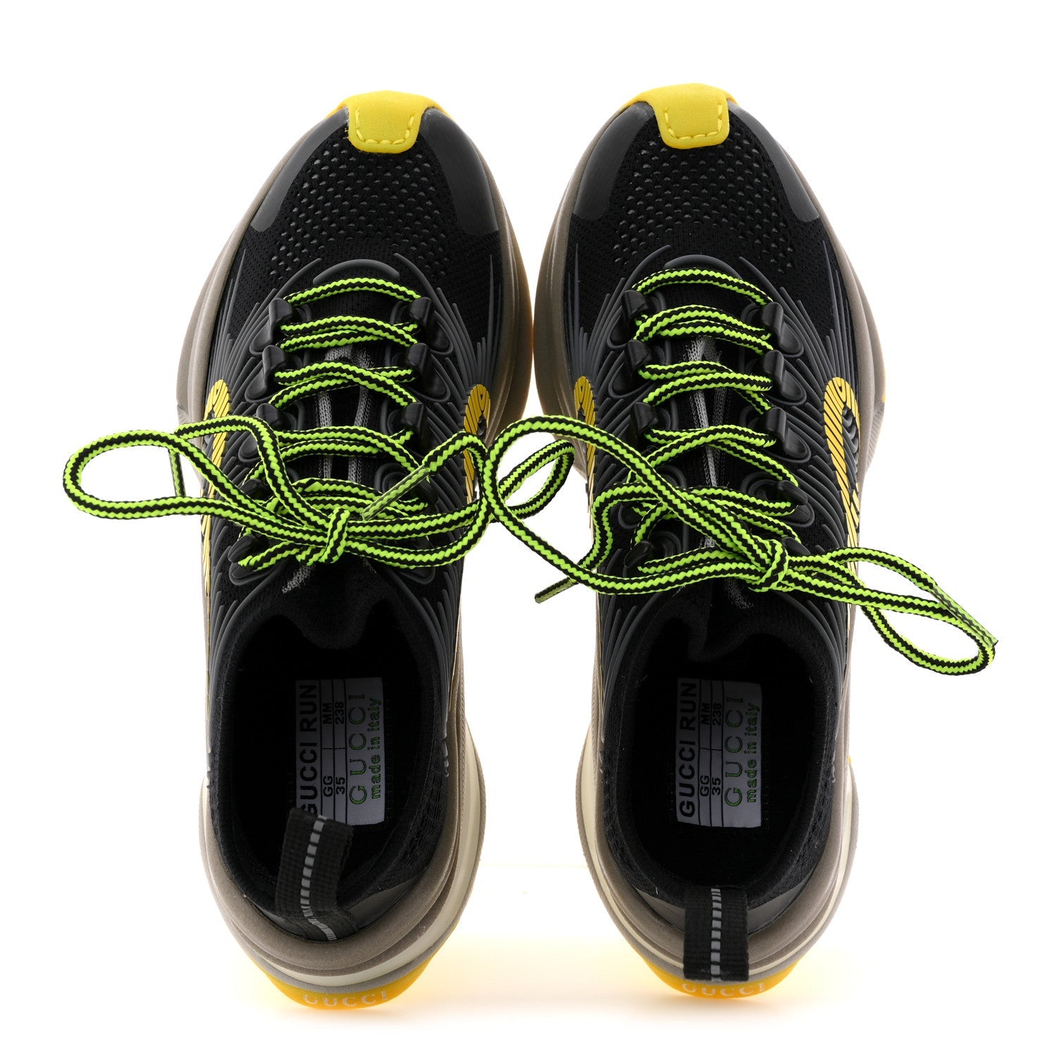 Gucci Technical Knit Fabric Waves Womens Gucci Run Sneakers 35 Black Silver Giallo Neon Yellow