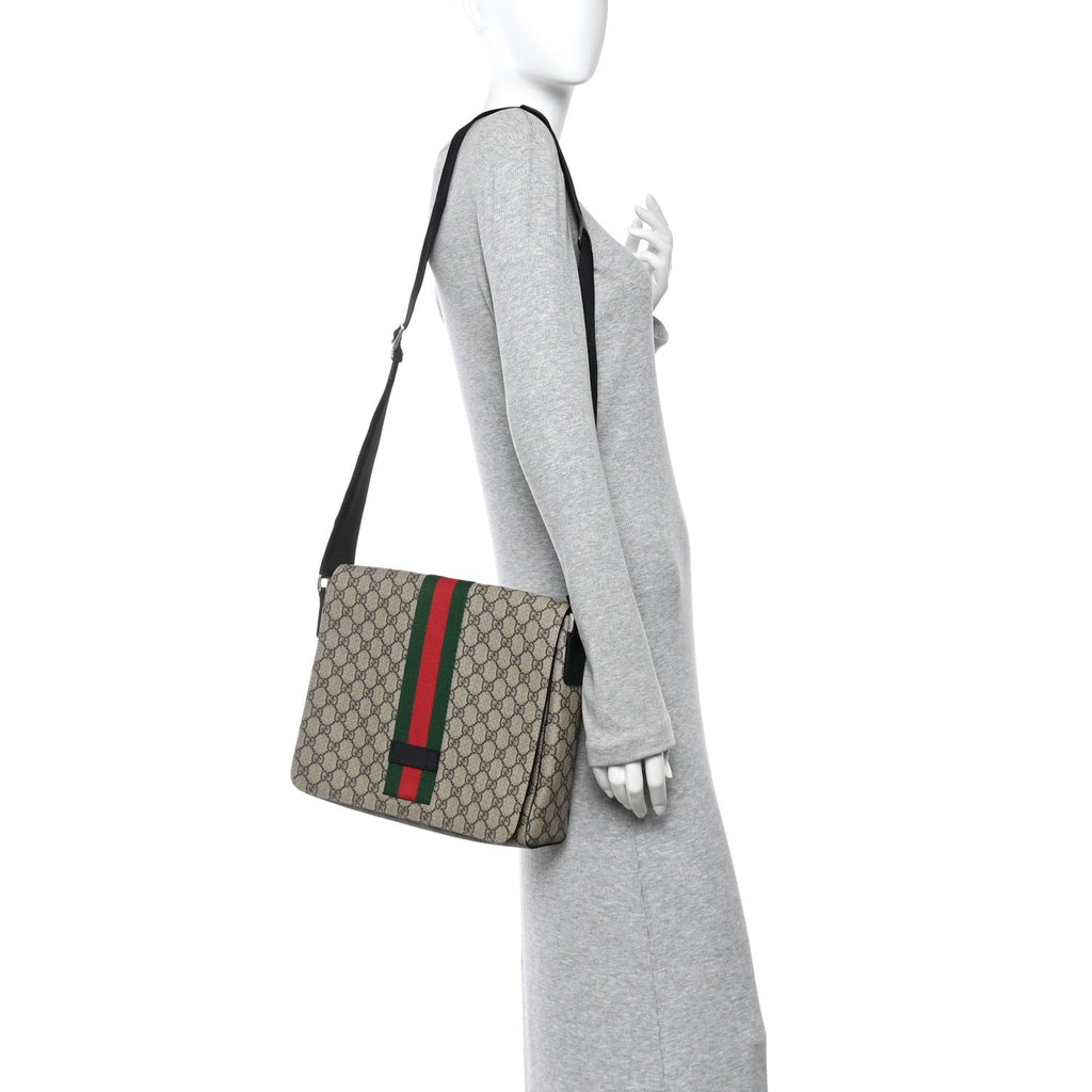 Gucci GG Supreme Monogram Web Flap Messenger Bag Black