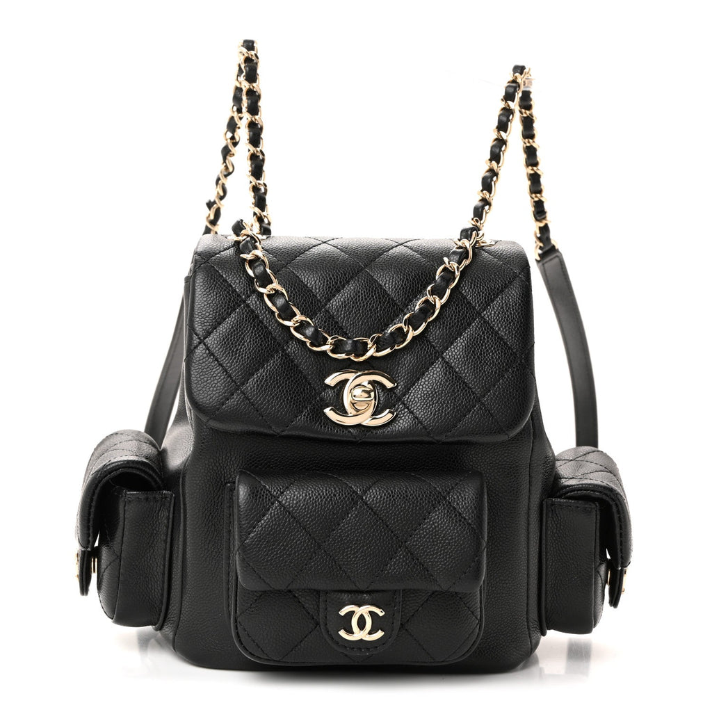 Chanel Shiny Caviar Quilted Small Duma Pockets Drawstring Backpack Black