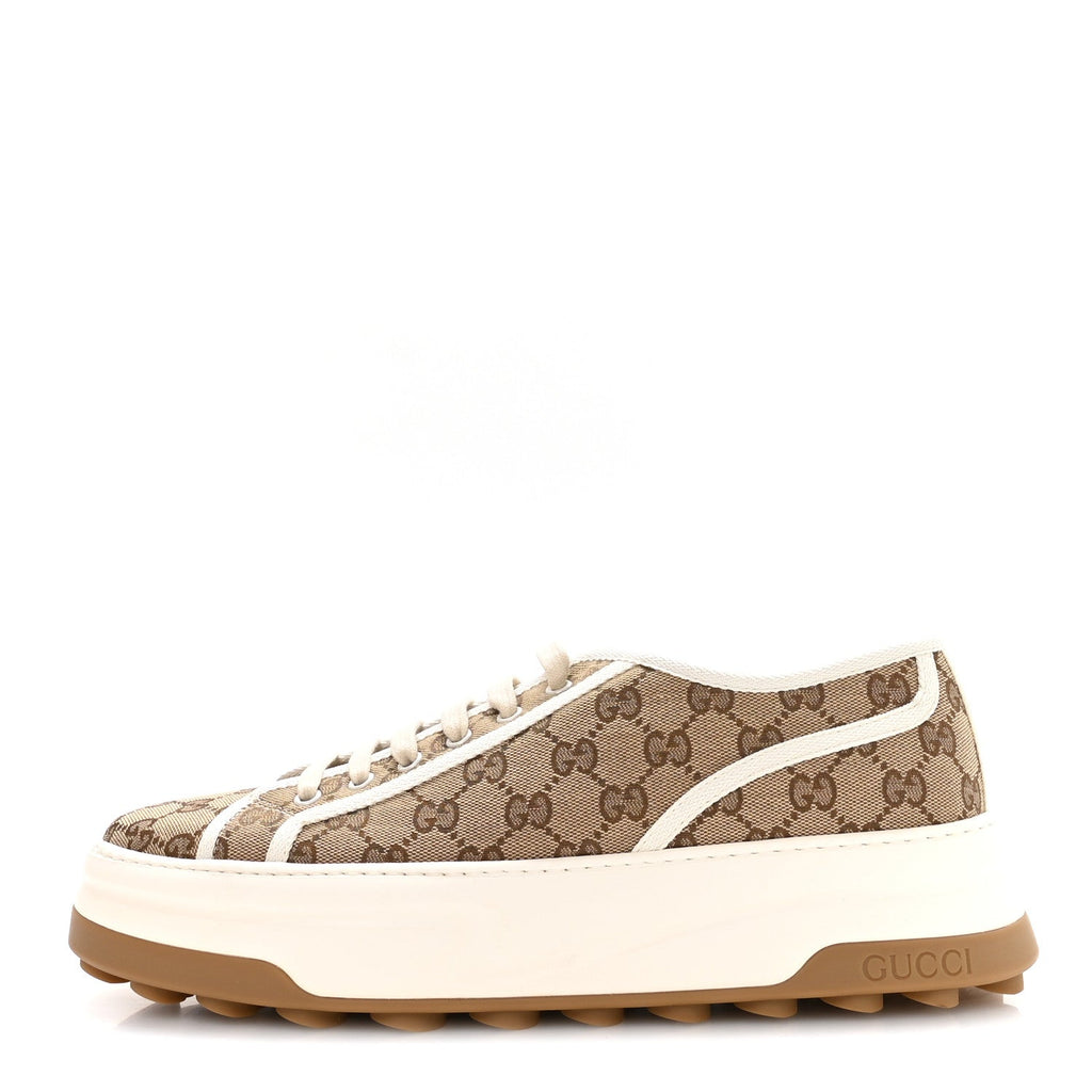 Gucci New Canvas GG Monogram Mens Tennis 1977 55mm Platform Sneakers 11 Beige Ebony Mystic White