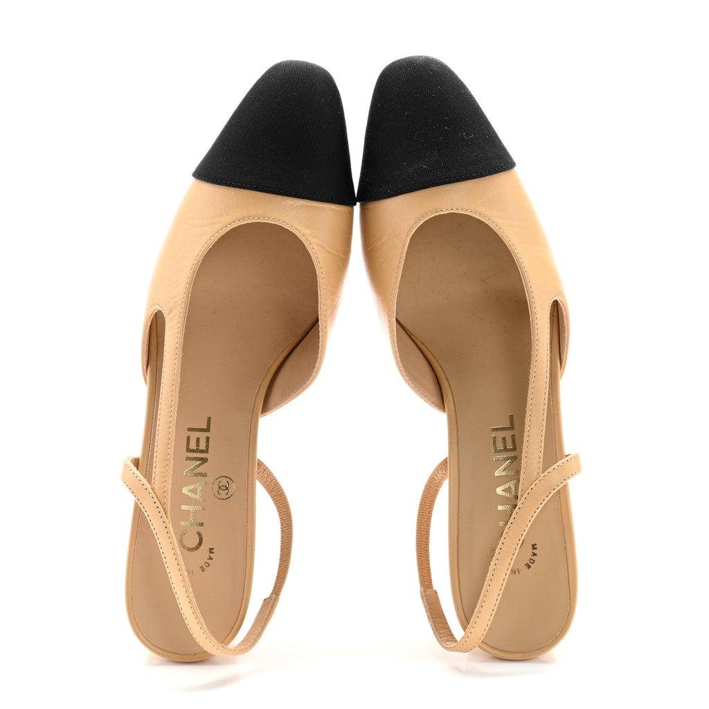 Goatskin Grosgrain Cap Toe CC Slingback Pumps 37 Beige Black