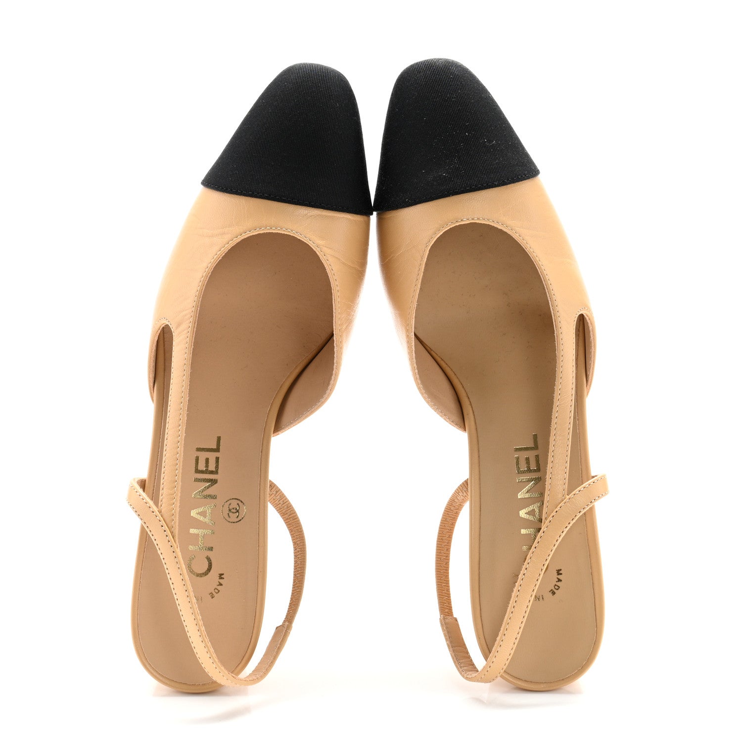 Goatskin Grosgrain Cap Toe CC Slingback Pumps 37 Beige Black