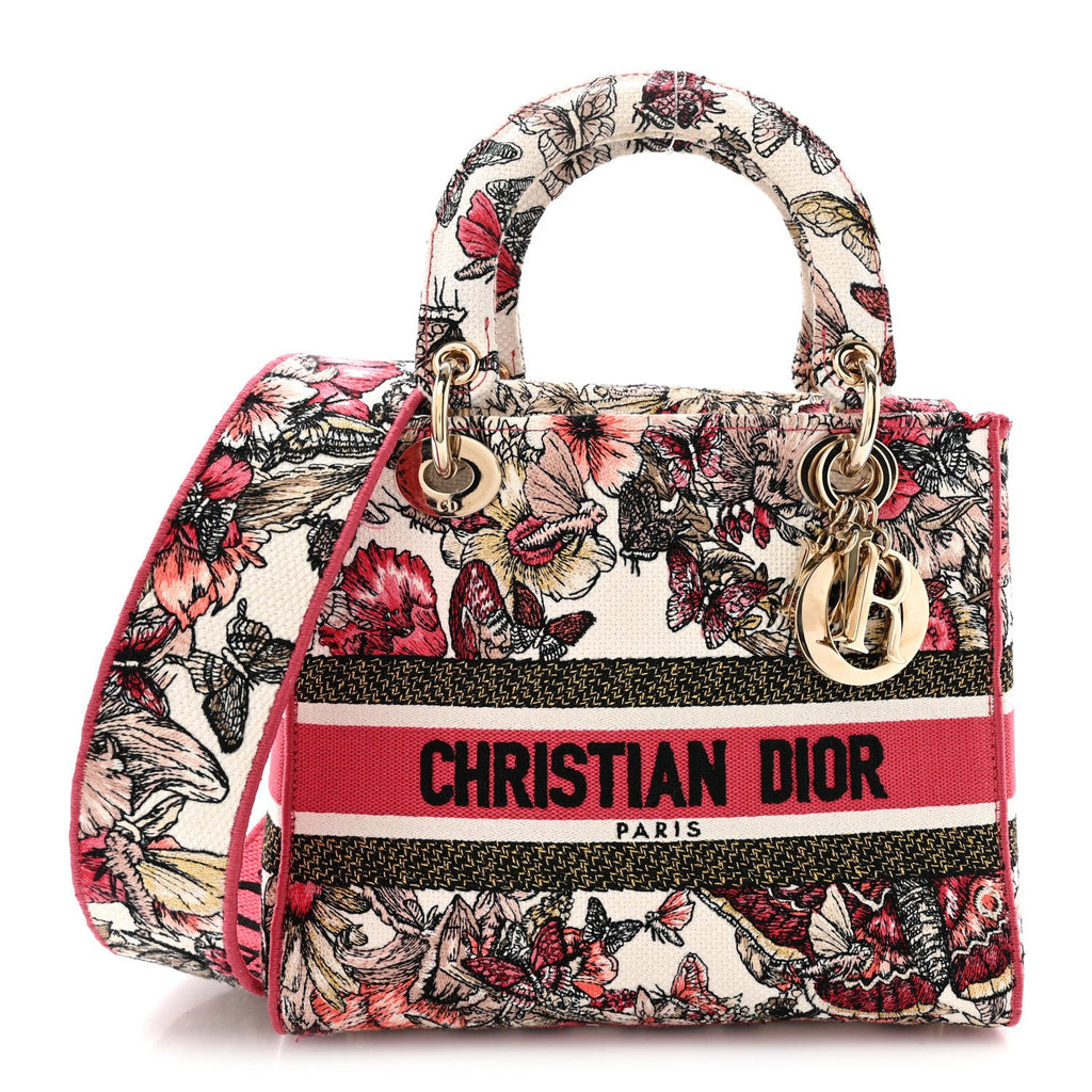 Christian Dior Canvas Embroidered Butterfly Print Medium Lady D-Lite  Multicolor