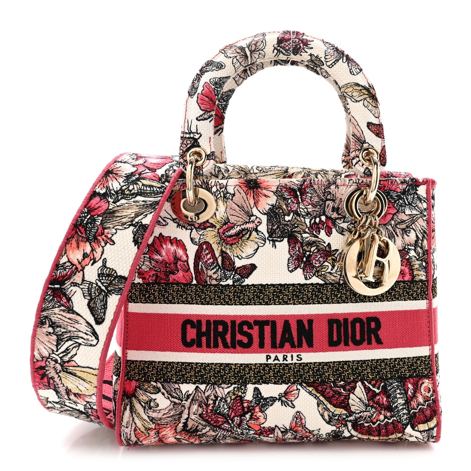 Christian Dior Canvas Embroidered Butterfly Print Medium Lady D-Lite  Multicolor