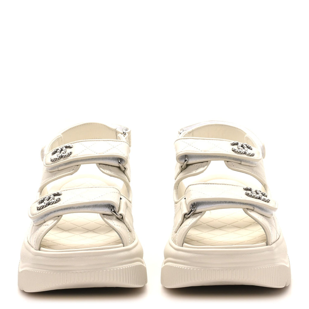 Chanel Shiny Calfskin Chain CC Velcro Dad Platform Sandals 39.5 White