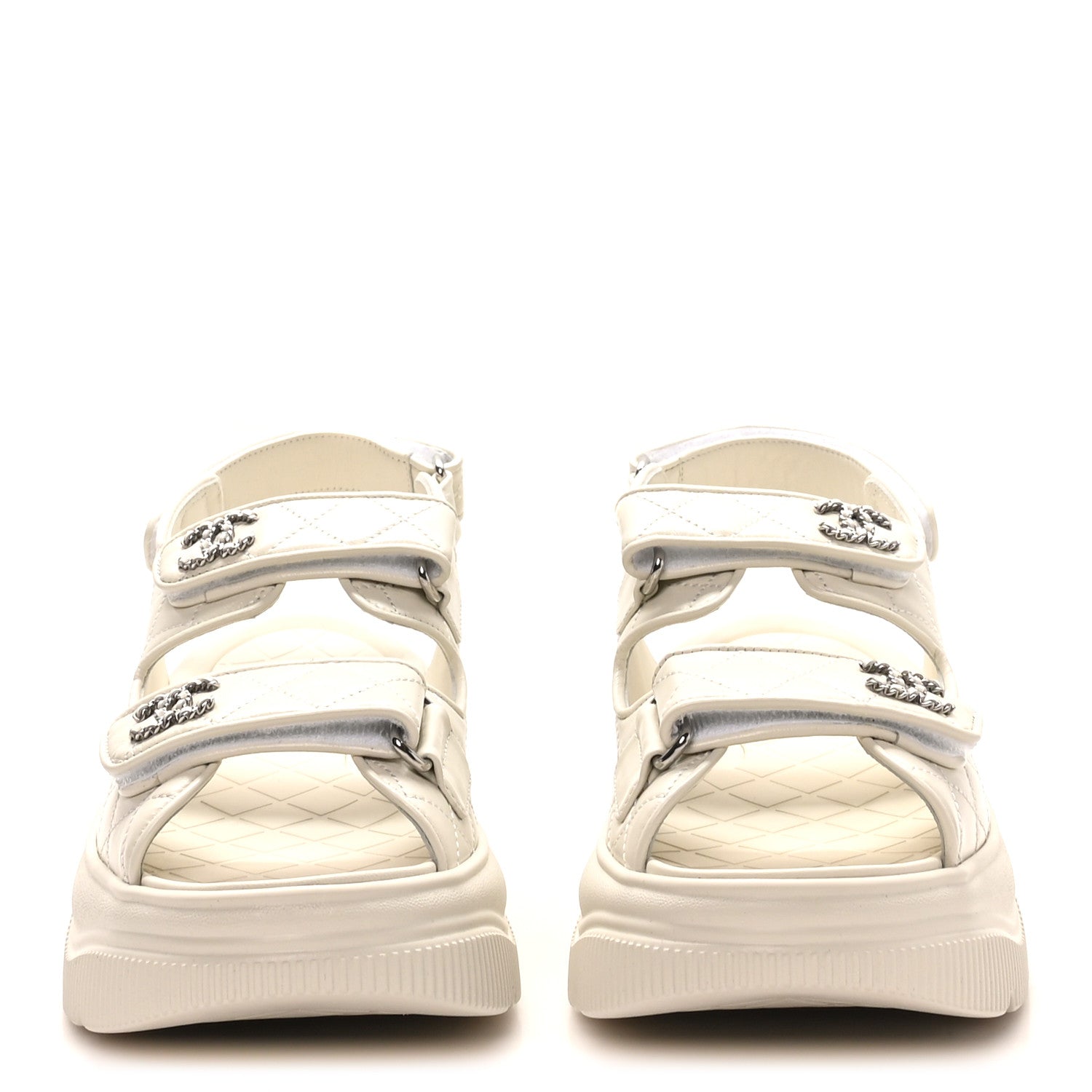 Chanel Shiny Calfskin Chain CC Velcro Dad Platform Sandals 39.5 White