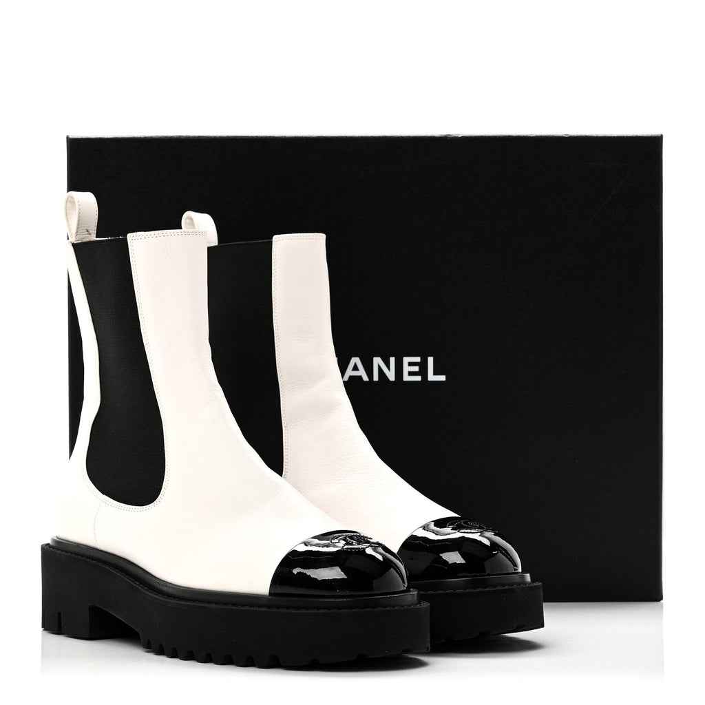 Patent Calfskin Cap Toe CC Ankle Boots 39 White Black