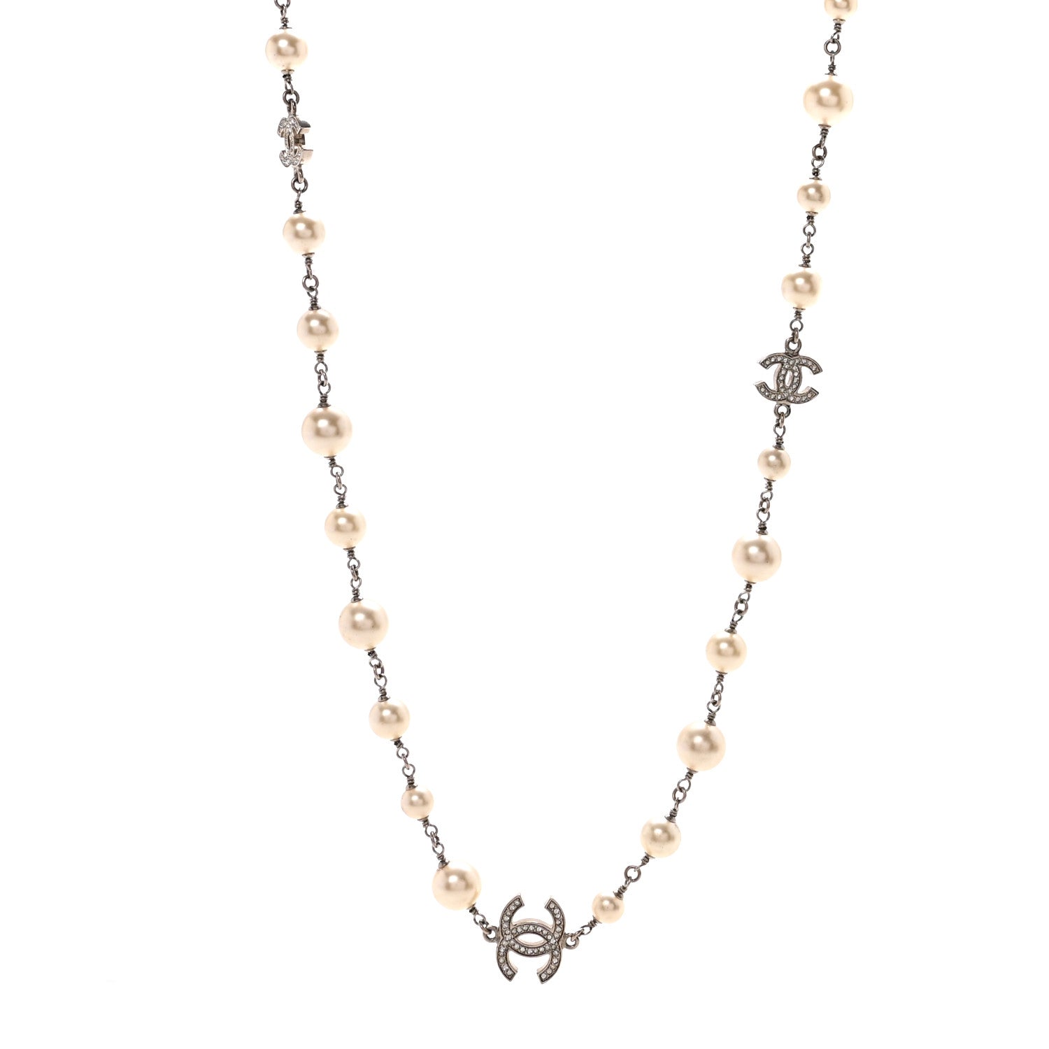 Graduated Pearl Crystal CC Long Necklace Silver