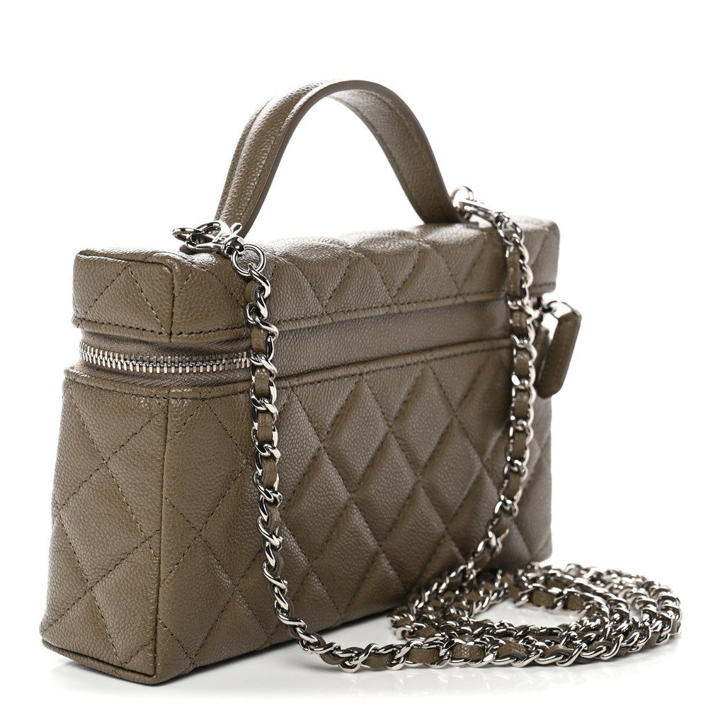 Chanel Caviar Quilted Top Handle Slim Vanity With Chain Dark Khaki