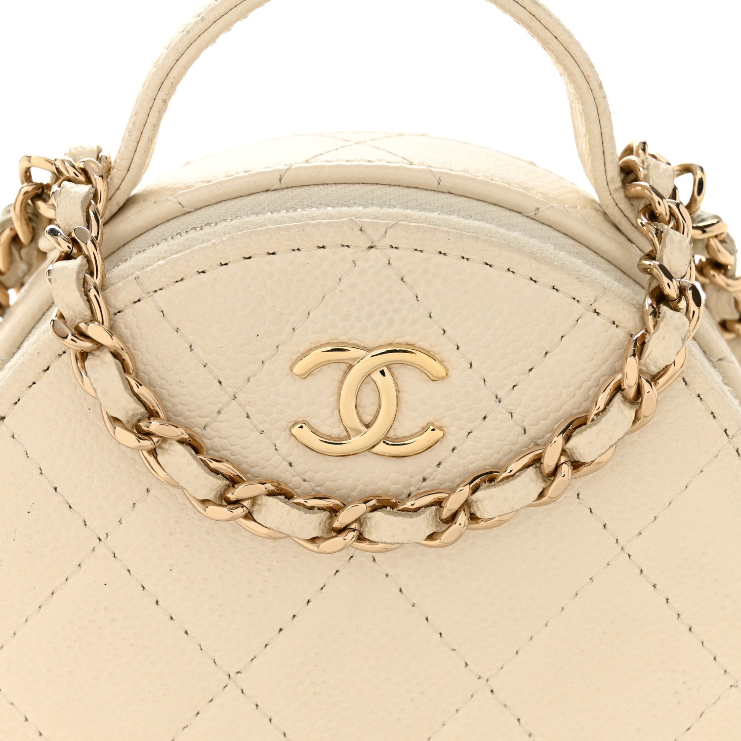Chanel Caviar Quilted Round Handle With Care Vanity With Chain White