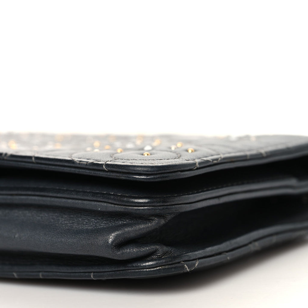 Chanel Lambskin Camellia Studded Wallet on Chain WOC Grey