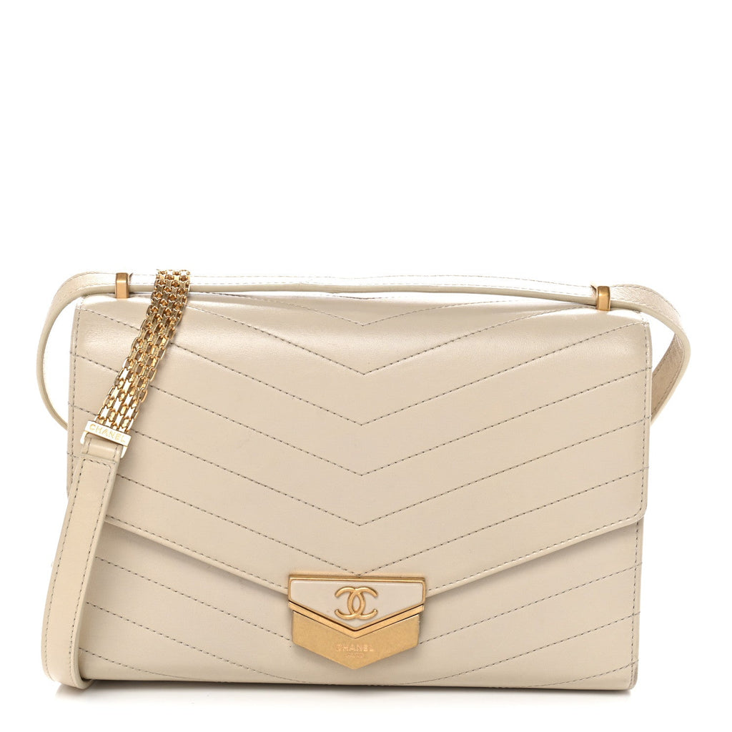 Chanel Calfskin Chevron Quilted Large Medal Flap Light Beige