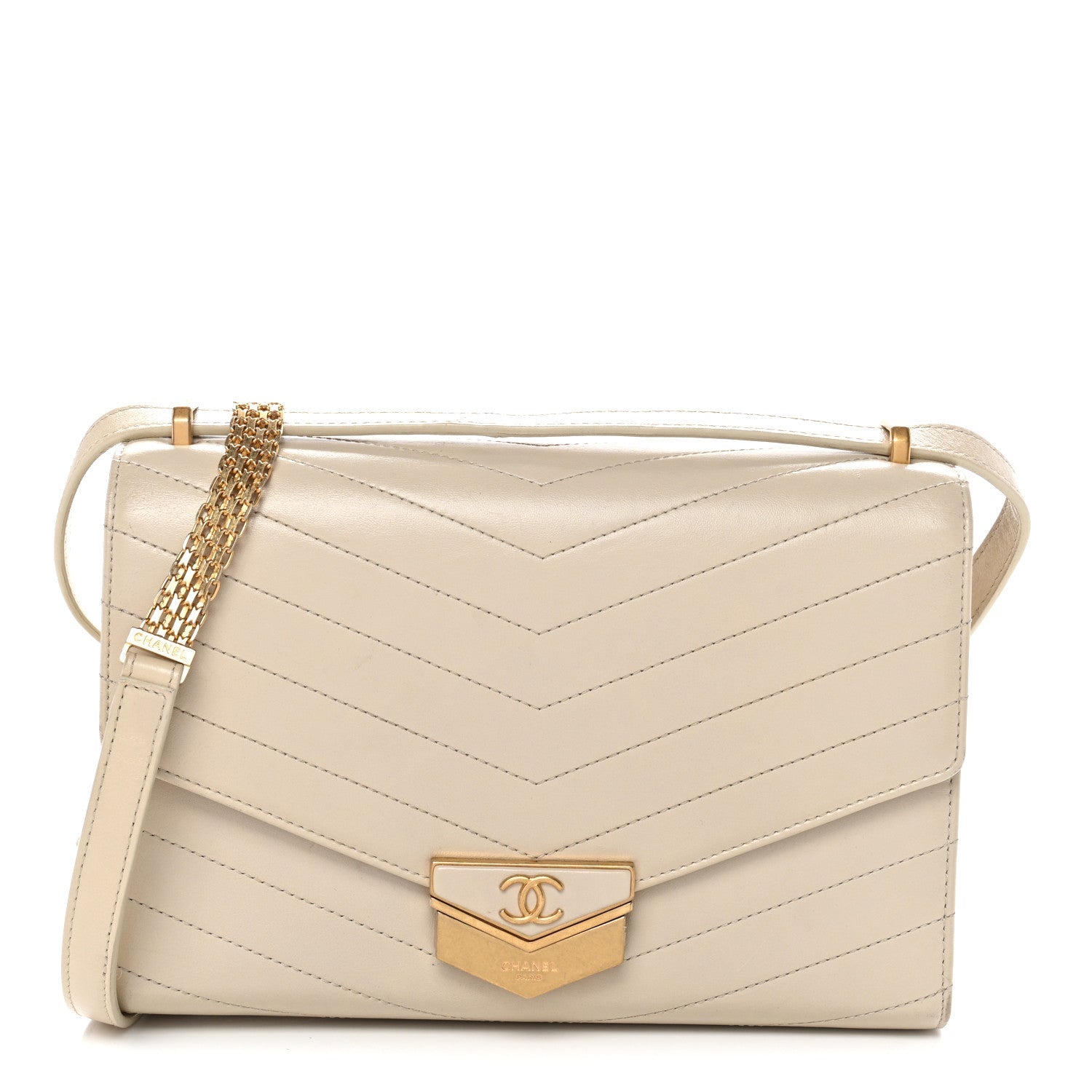 Chanel Calfskin Chevron Quilted Large Medal Flap Light Beige