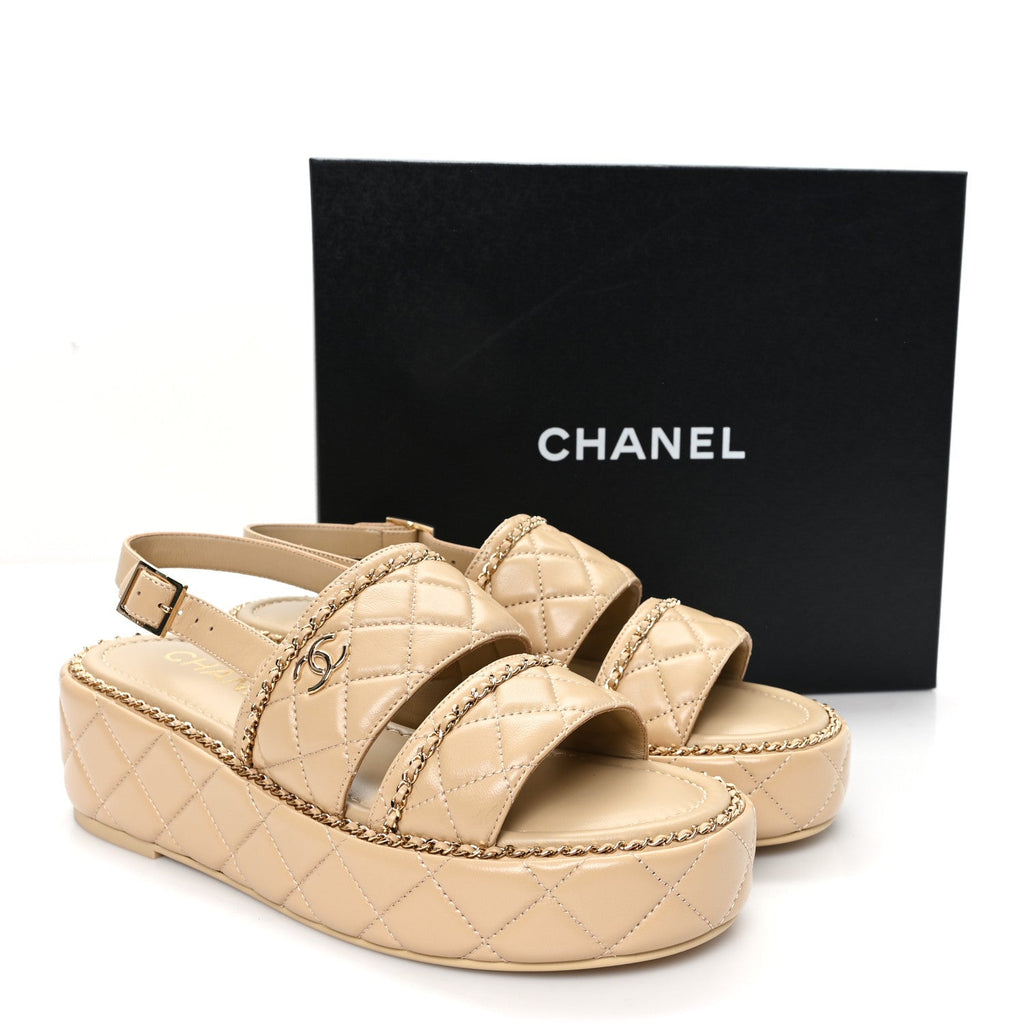 Chanel Shiny Lambskin Quilted Chain Around CC Platform Sandals 39.5 Beige