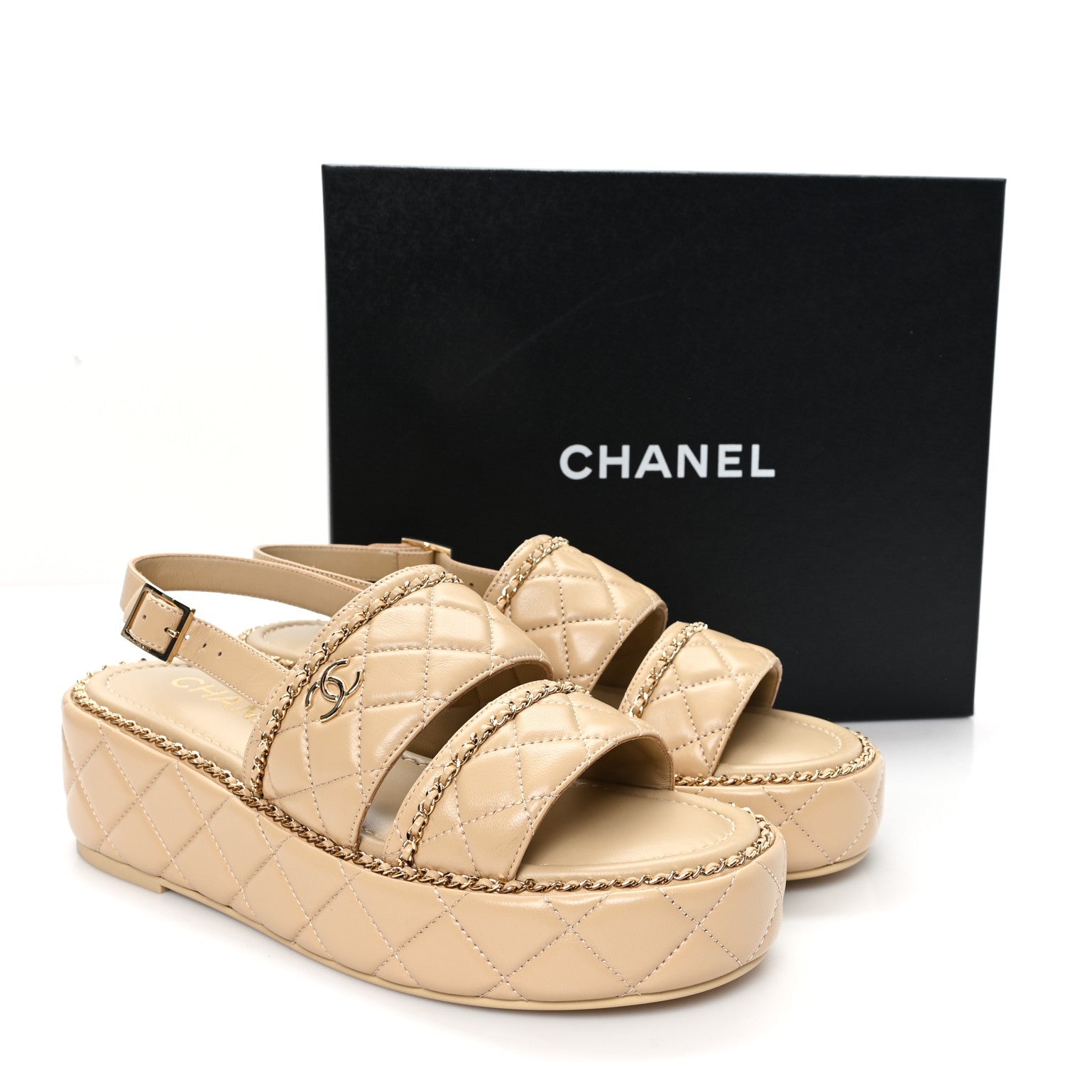 Chanel Shiny Lambskin Quilted Chain Around CC Platform Sandals 39.5 Beige
