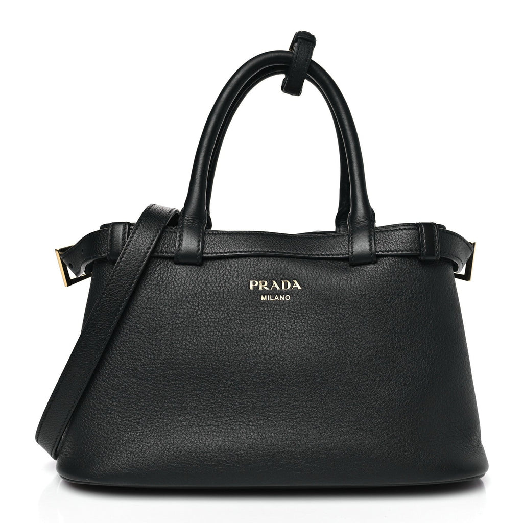 Prada Soft Grain Calfskin Small Double Belt Tote Black